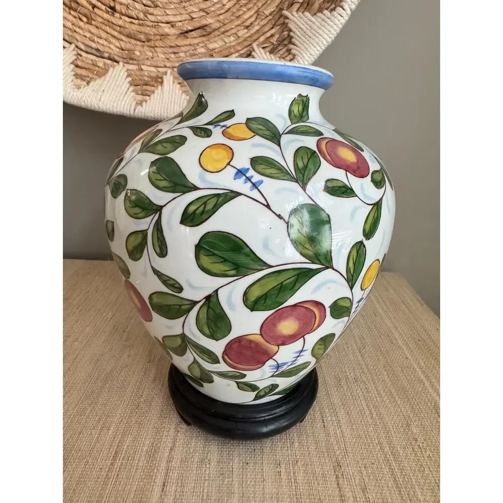 Vintage Italian Hand-Painted Ceramic Fruit Vase with Wood Stand 9